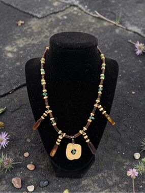 Vintage Brown and Turquoise Beaded Pendant Necklace